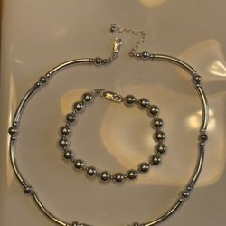  Solid Sterling Silver Tube and Ball Link Necklace/Chain And Ball Bracelet Set 