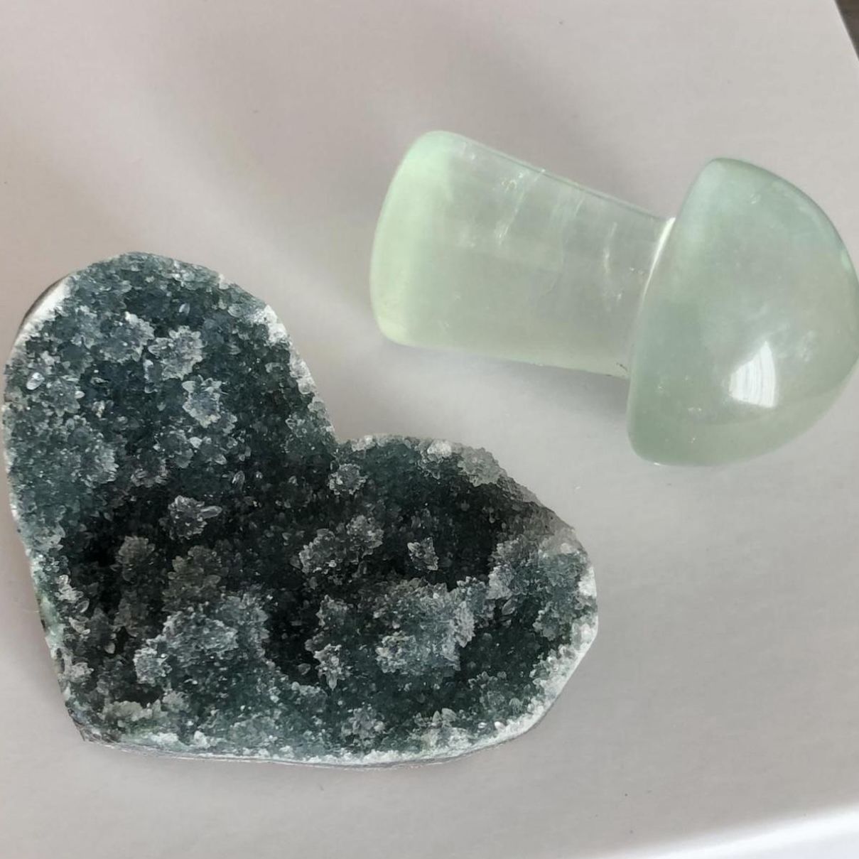 Green Amethyst heart & Fluorite Mushroom