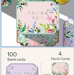 Thank You Cards with Envelopes 100-Pack, Gold Foil Floral, Thank You Notes w/Sage Green Envelopes & Stickers, Blank Inside for Baby Shower, Wedding, G