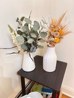 Vases with fake florals, leaves