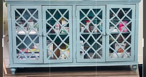 Teal Blue 4-Door Glass Cabinet Sideboard