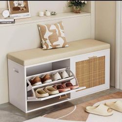 White Shoe Storage Bench with Rattan Door and Padded Seat