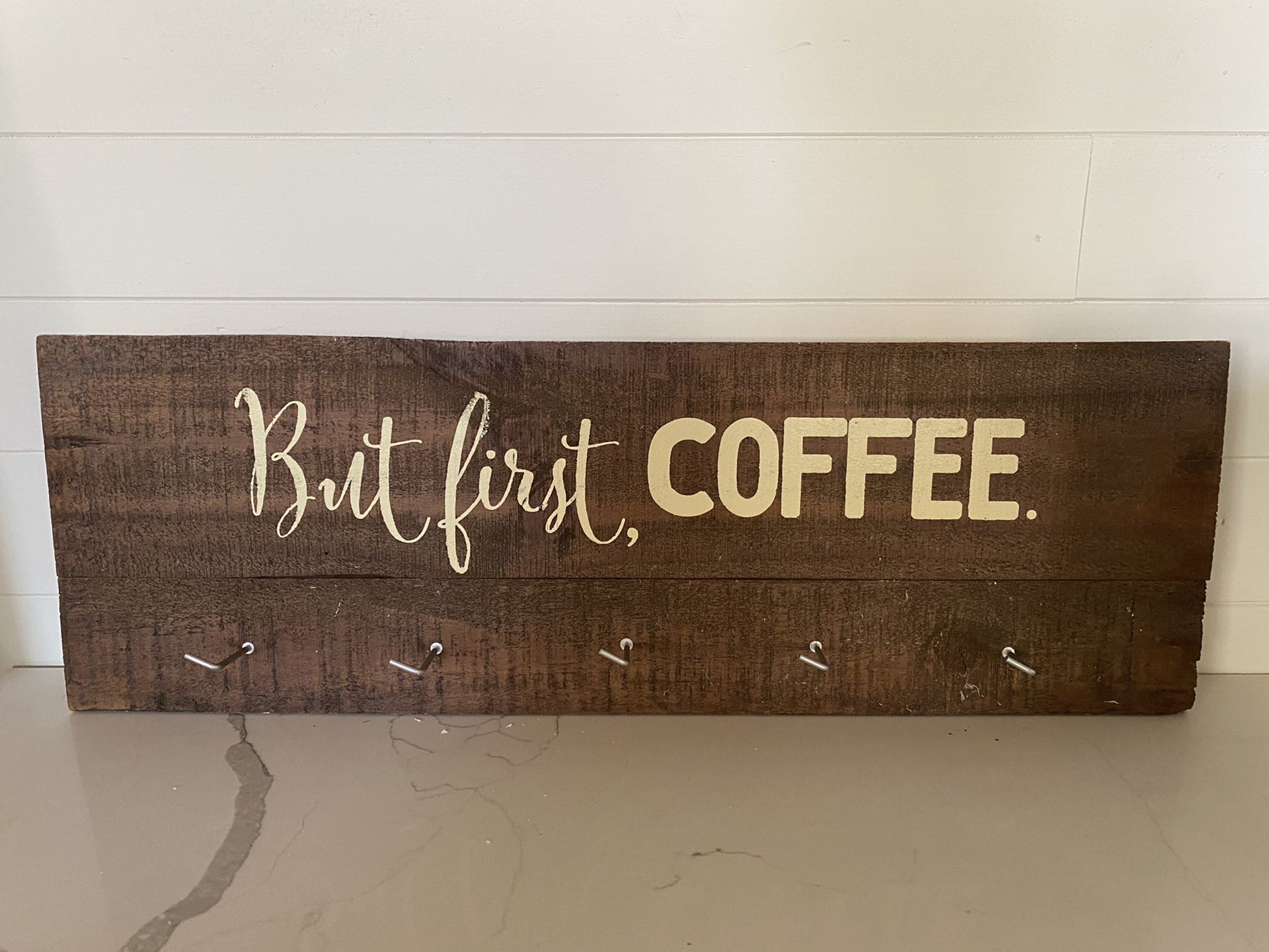 Coffee cup sign with hooks