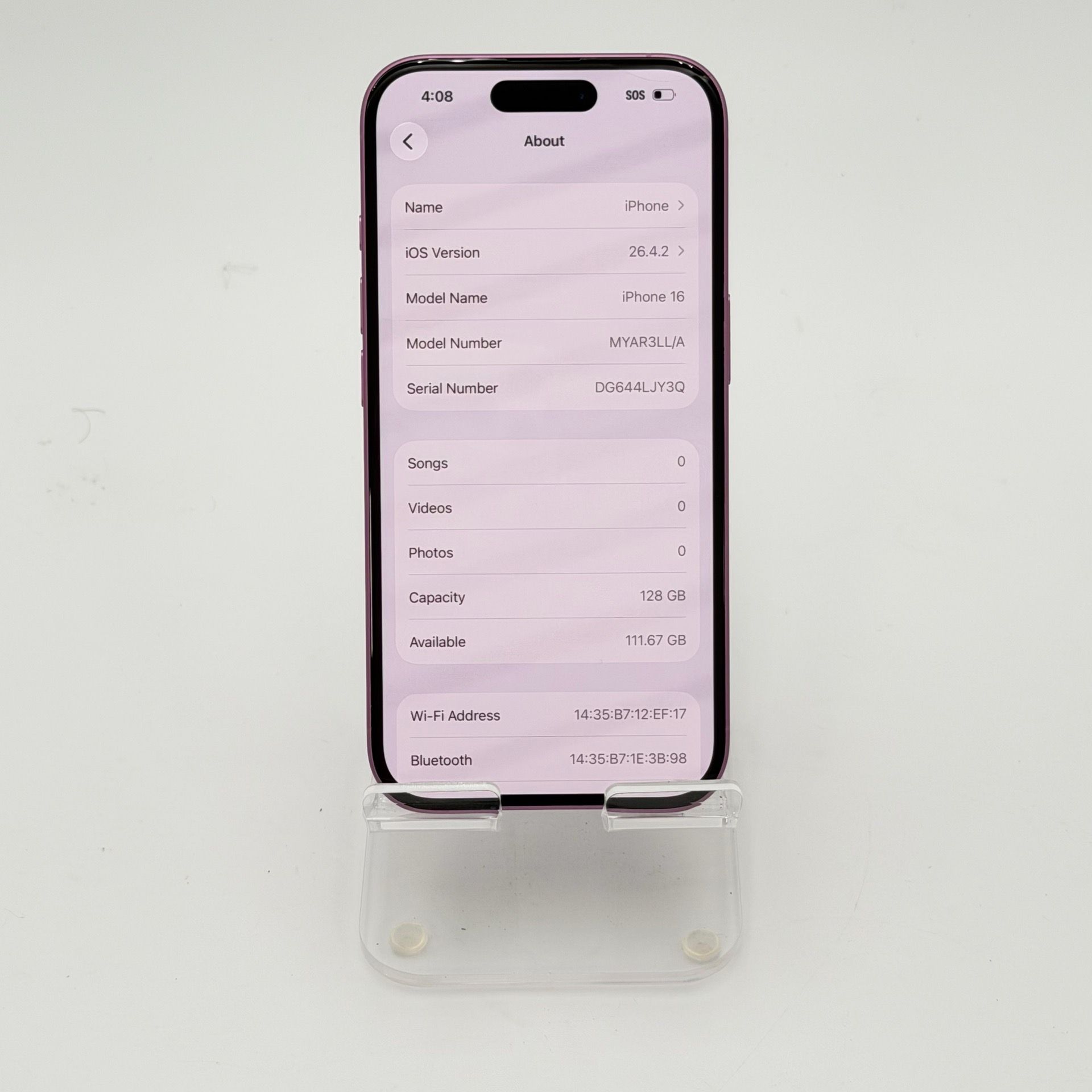 Unlocked Apple iPhone 16 A3081 128GB Pink 89% Battery Health