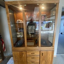 Display Cabinet Solid Oak Lighted 2 Pieces