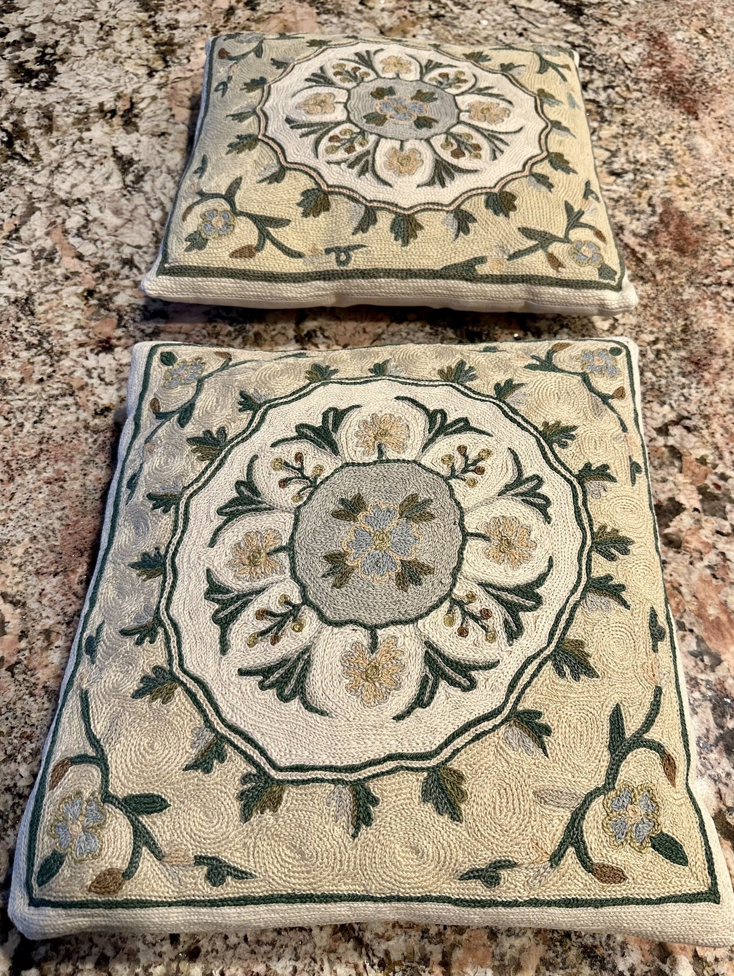 Two Matching Hand Made Embroidered with 100% Wool on Hand Loomed Cotton Cushions $25 each $45 Both