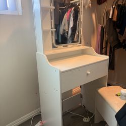 White Vanity Desk with Light-Up Mirror & Storage