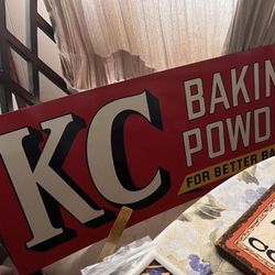 Vintage KC Baking Powder Double-Sided Metal Store Display Sign ~ 28” x 11.5” ~ Authentic Mid-Century Original