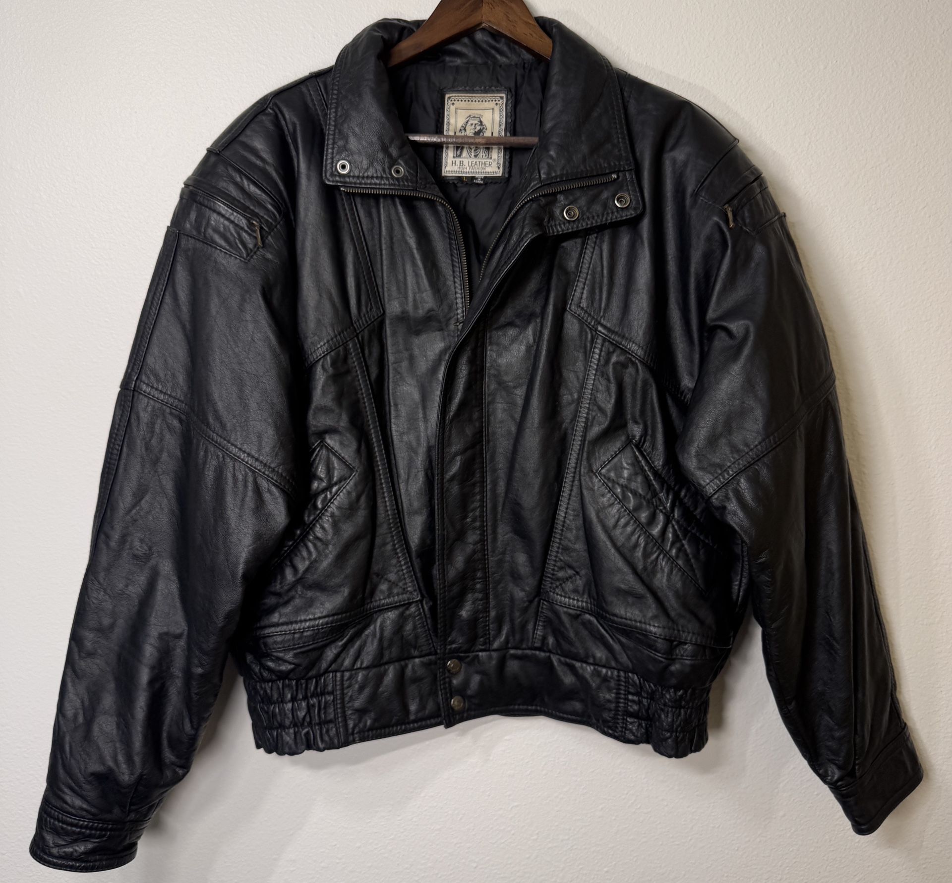 H.B. LEATHER Black Leather Jacket A2 Style Flight Bomber Jacket Large