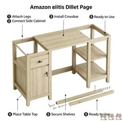 58”L × 22”D Dark Grey Farmhouse Computer Desk with Keyboard Tray, Drawers & Cabinet