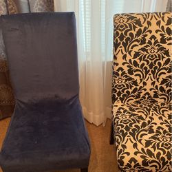 2 Black/white Damask Style Accent/dining Chairs With Blue Velvet Covers