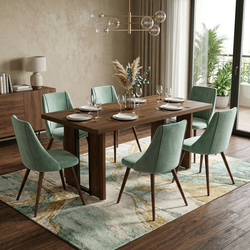 Homy Casa Sorian 7PC Dining Set 63” Vintage Brown Table with 6 Smeg Cactus Light Green Upholstered Chairs