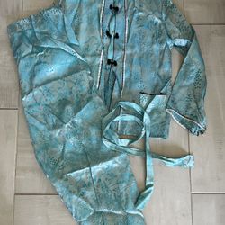 Vintage turquoise Blue Satin Brocade Lounge Pajama Set