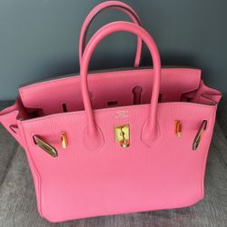 Hot Pink Leather Structured Satchel  Gold Hardware Top Handle Bag 