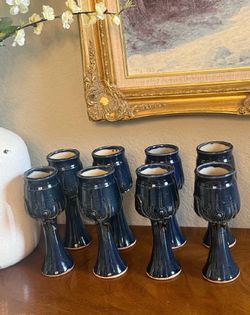 Set of Dark Blue Ceramic Renaissance-Style Goblets with Raised Decorative Elements, Set of 8