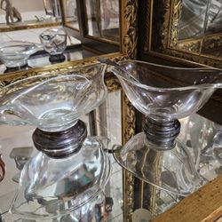 Juego Antiguo De Cristal Con Base De Plata Y Cuchara De Plata