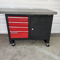 Craftsman Toolbox /Bench-Restored/New-4 Drawers/Liners, Cabinet, 5” Swiv/Lock Whls, Wood/MDF Top