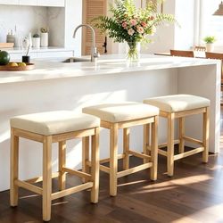 K410 $70 Counter Height Bar Stools Set of 3 for Kitchen Counter Farmhouse Modern Backless Barstools with Faux Leather Upholstered Seat and Solid Wood