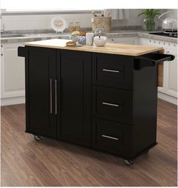 Kitchen Island with Spice Rack, Towel Rack & Extensible Solid Wood Table Top-Black