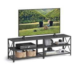 TV Stand, TV Console for TVs Up to 70 Inches, TV Table, 63 Inches Width, TV Cabinet with Storage Shelves, Steel Frame, for Living Room, Bedroom, Black