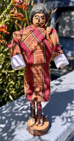 Handmade Bhutanese Wooden Male Doll 11” Tall Wearing a Traditional GHO.