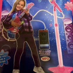 NEW In Box Guitar and Microphone Play Set for Girls,Karaoke Machine with Music&Light,Microphone Toys with Stand,Adjustable Height Guitar Toys for Kids