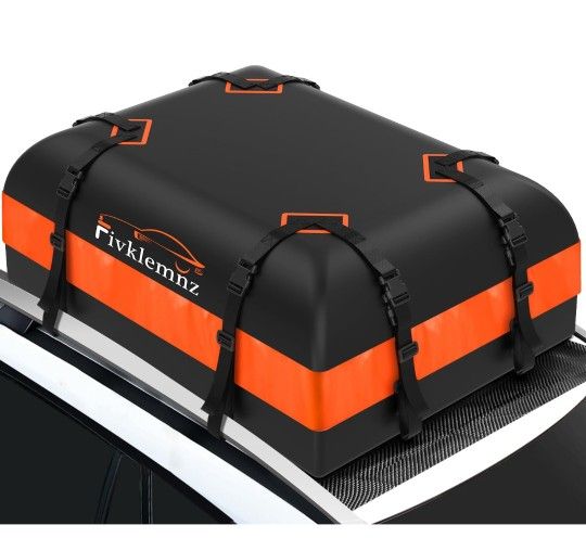 FIVKLEMNZ Car Rooftop Cargo Carrier Roof Bag Waterproof for All Top of Vehicle with/Without Rack Includes Topper Anti-Slip Mat + Reinforced Straps + 6