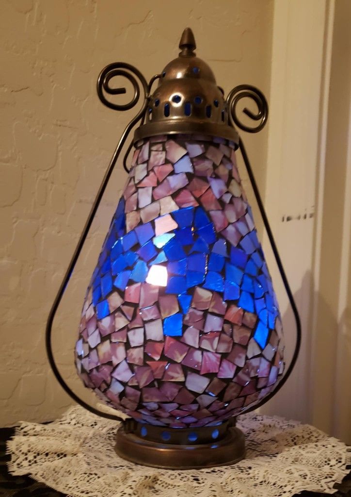VINTAGE BRASS METAL MARBLE PURPLE ROYAL BLUE MOSAIC STAINED GLASS HANGING ACCENT TEALIGHT CANDLE LANTERN CHANDELIER SWAG PENDANT DECOR