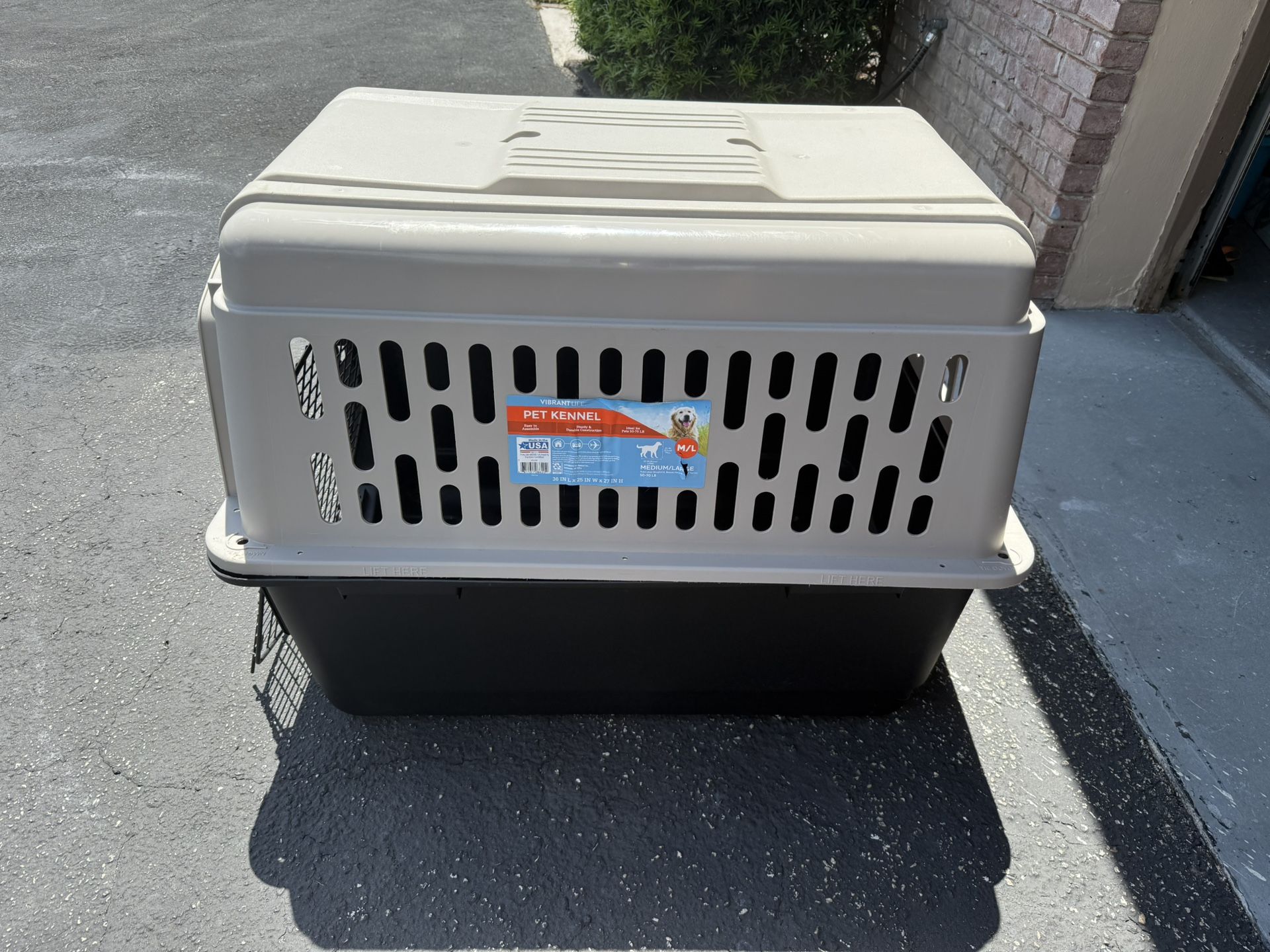 Vibrant Life Pet Kennel Medium 36" Dog Crate, Plastic Travel Pet Carrier for Pets 50-70 lb, Grey