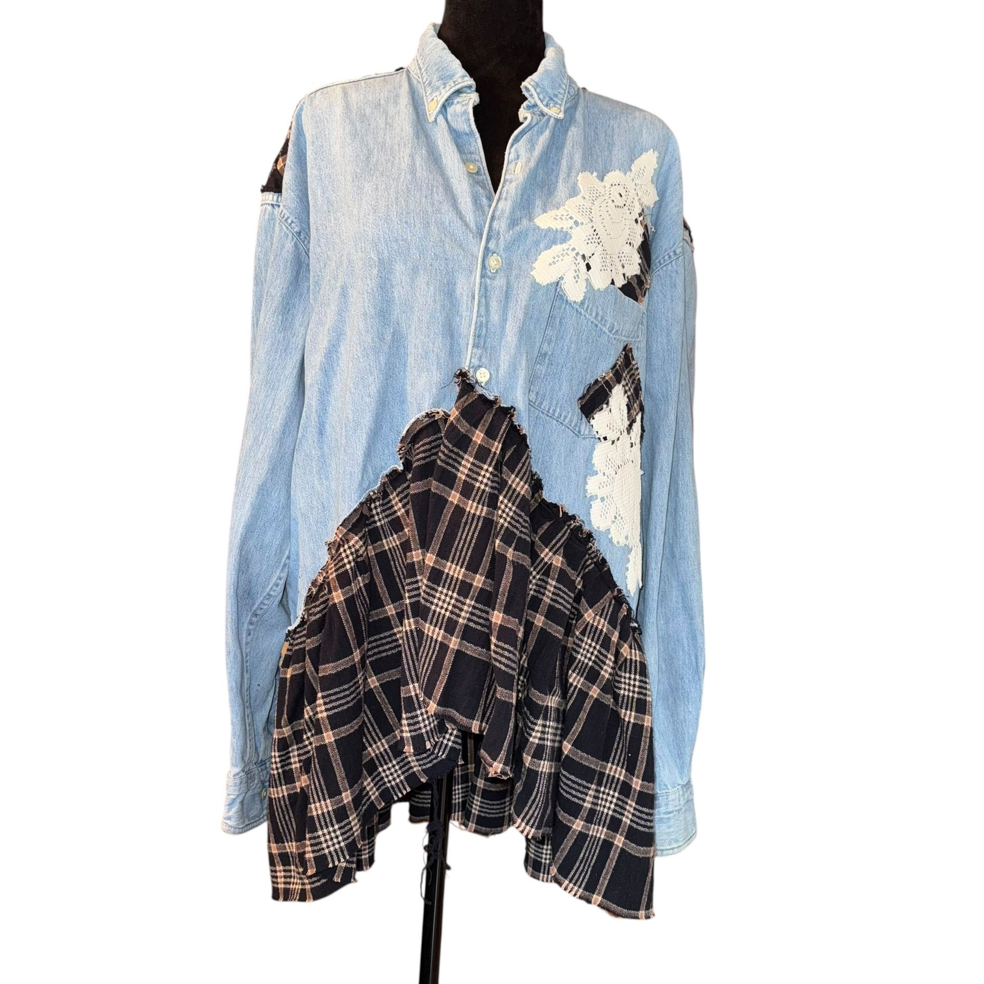 Reworked Long-Sleeve Shirt Denim Boho Festival Denim /Flannel XL Please Read   Reworked Upcycled Denim shirt, giving all the boho vibes! Please know t
