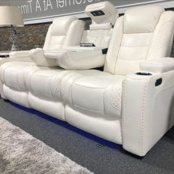 Party Time Power Reclining White Sofa