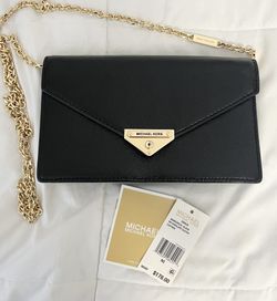 Authentic Michael Kors Envelope Clutch Purse Black Leather Gold Chain 