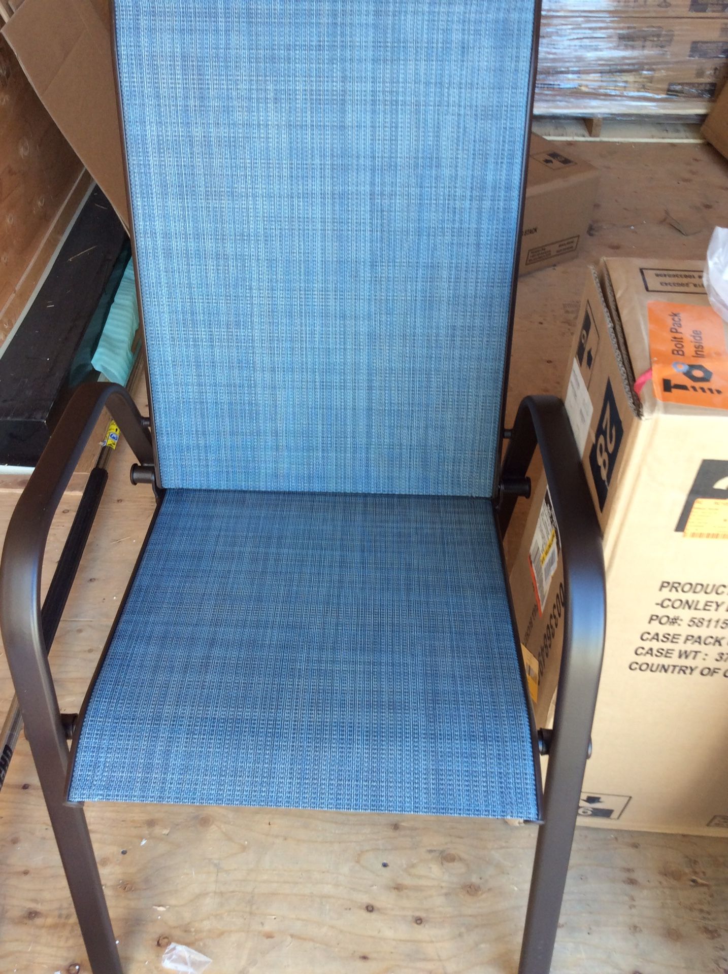 Hampton Bay Plymouth KD Full Bucket Sling Stack Chair In Conley Denim/Bronze Frame