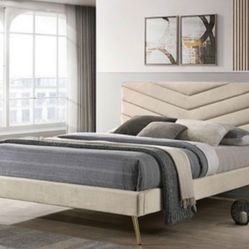 Brand New Beige E.king Mid-Century Modern Bed Frame