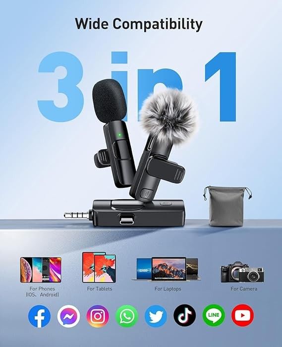 3-in-1 Mini Microphone for iPhone: Wireless Lavalier Microphones for iOS/Android Devices/Camera - Noise Reduction Lapel Mic