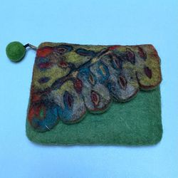 Boho Hippie Style Peacock Inspired Wool Hand-Felted Zippered Coin Purse, Jewelry Pouch, Cosmetic Bag