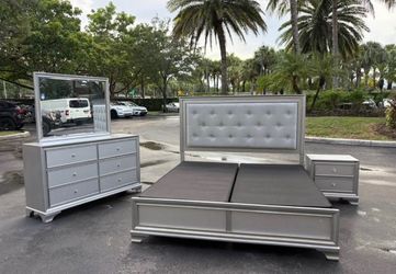 4-Piece Silver Bedroom Set king Size with Tufted Headboard by Vietnam Furniture