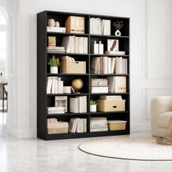 Bookshelf and Bookcase, 6-Tier Double Wide Bookshelves, Freestanding,Black B-18