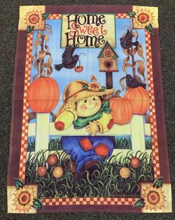 New large 28” x 42” scarecrow with pumpkins and black birds “Home Sweet Home” single sided fall garden flag