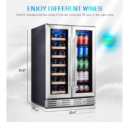 KRC-150B 24 Inch Wine and Beverage Fridge, Wine Refrigerator Dual Zone Hold 20 Bottles and 78 Cans,Built-In
