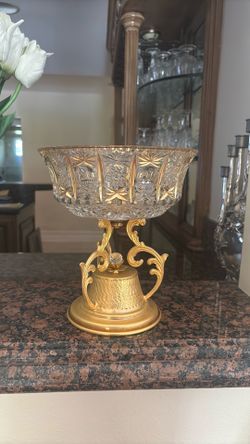 Vintage Large 10" Italian 24k Gold-Plated Cut Crystal Centerpiece Bowl