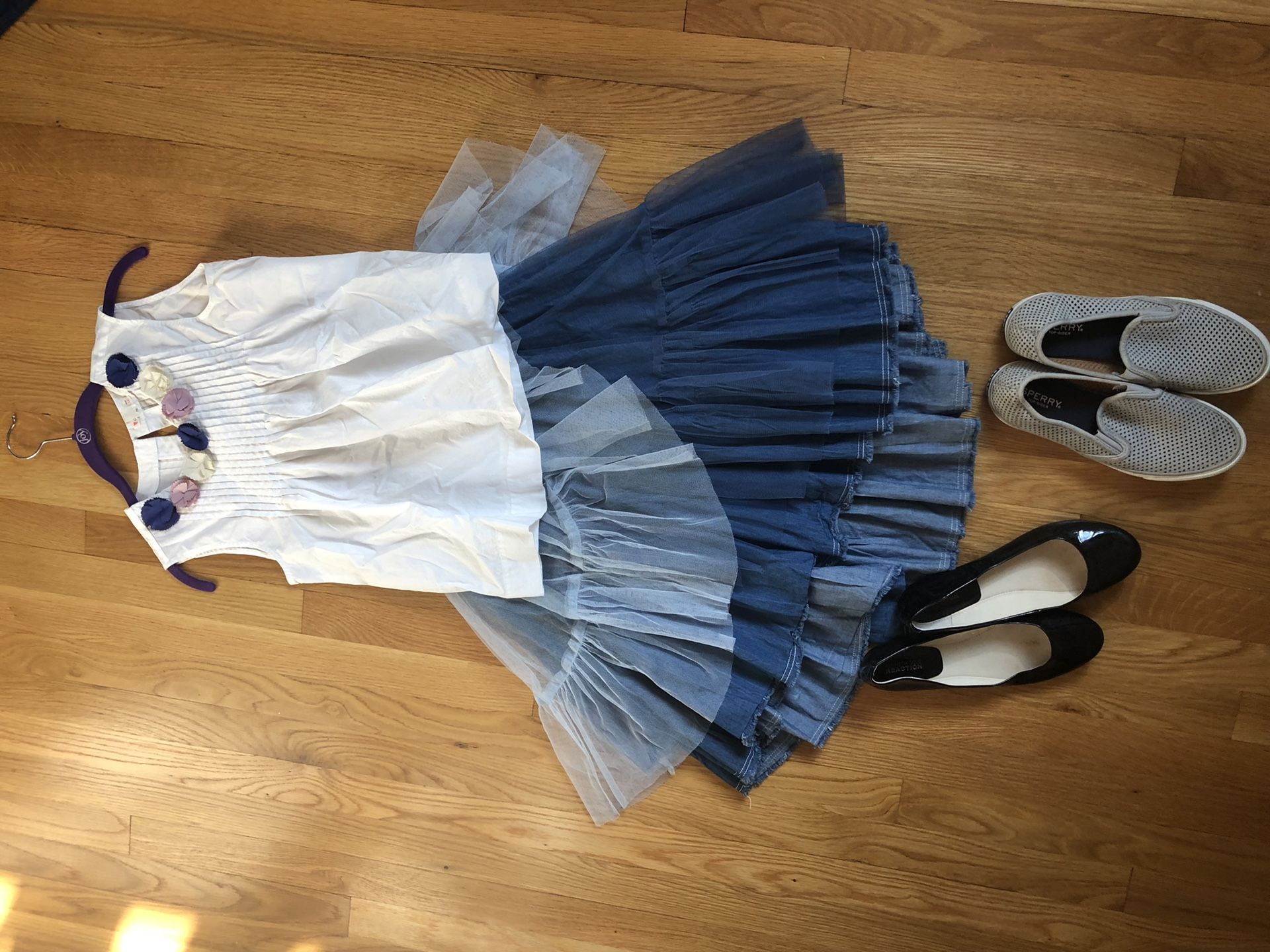 Jcrew blouse, Paper wings skirt,Kenneth cole flats and sperry slides size 14 cloths shoes size 7