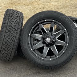 20” Black Wheels 6 lug rims GMC Sierra Yukon Chevy 6x5.5 Tahoe Silverado Dodge A/T Tires 6x135 Ford F-150