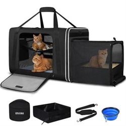 Petskd Side Expandable Extra Large Cat Carrier with Litter Box Area, 24"x17"x17" Soft-Sided Pet Carrier for 2 Cats Under 55 lbs with Zipper Locks for 