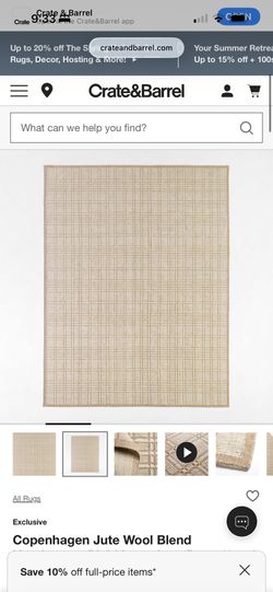 New Crate and Barrel Copenhagen Jute Wool Blend Handwoven Plaid Ivory Area Rug