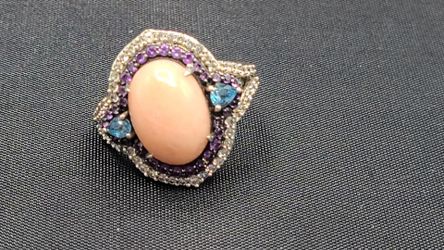 Angel Skin Coral Amethyst Blue Topaz Sterling Silver Halo Ring Size 7