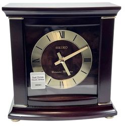 Seiko Dark Brown Wood Gold Mantel Clock Dual Chimes Westminster QXJ030B New