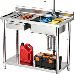 CAMMOO 39" 4-Height Adjustable Utility Sink with Drawer 304 Stainless Steel 39 In Workstation Adds a Large Basin, Counter Space and Storage Drawer for