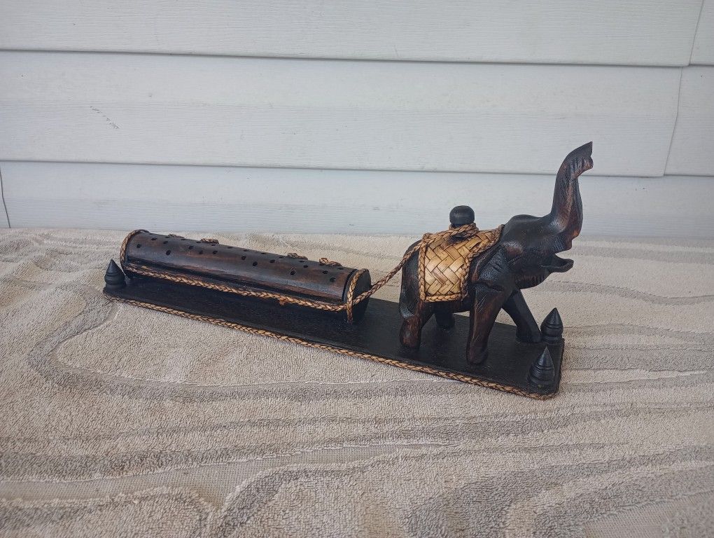 Magestic Elephant Towing Incense Holder Carved Rain Tree