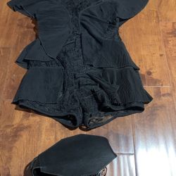 NWT Banjul Black Lace Mesh Sheer Knit Romper Ruffle Cutout Belt S, M,L